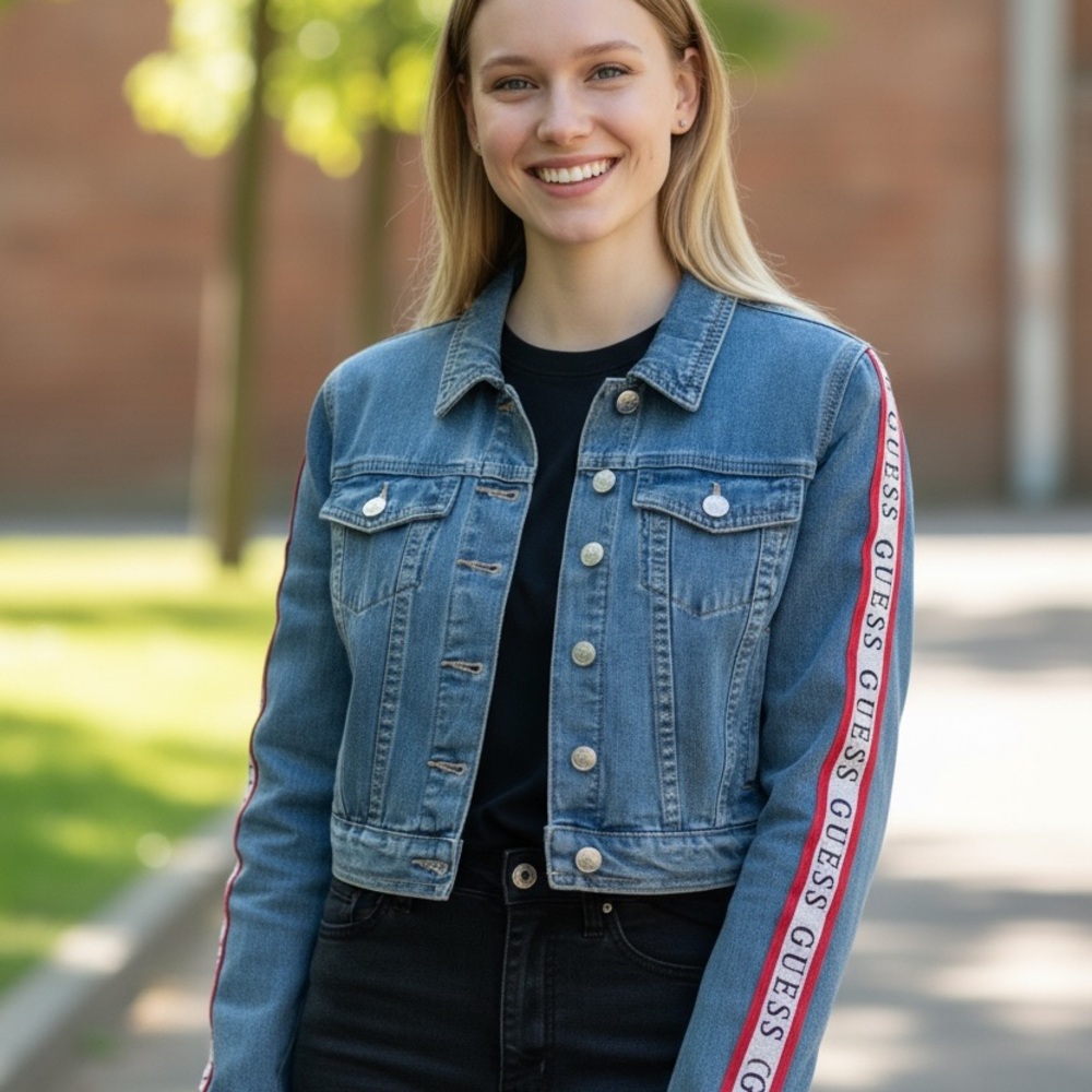 GUESS Denim Jacket with Red Stripe Detail